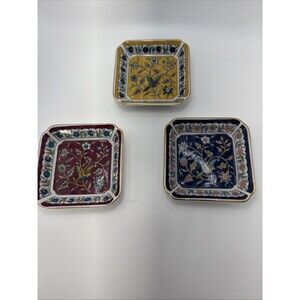 Set of 3 Takahashi 1983 Silk Road Trinket Dish Floral Bird Hand Decorated 3.25”